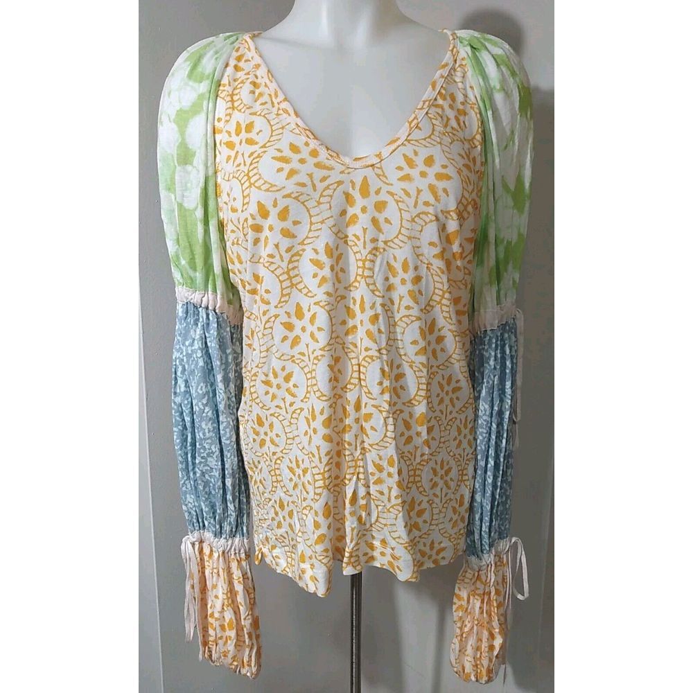 Free People Multicolor Multi‎ Pattern Drawstring Sleeves Boho Top Size Xsmall